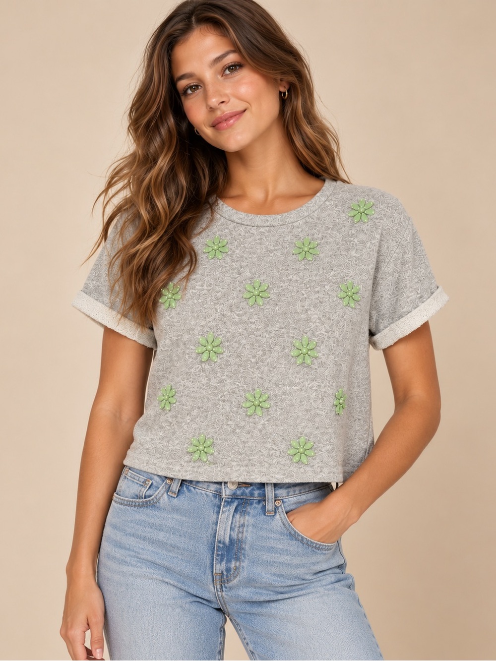 Bellatrix Gray Green Floral Embellished Cropped Sweatshirt M